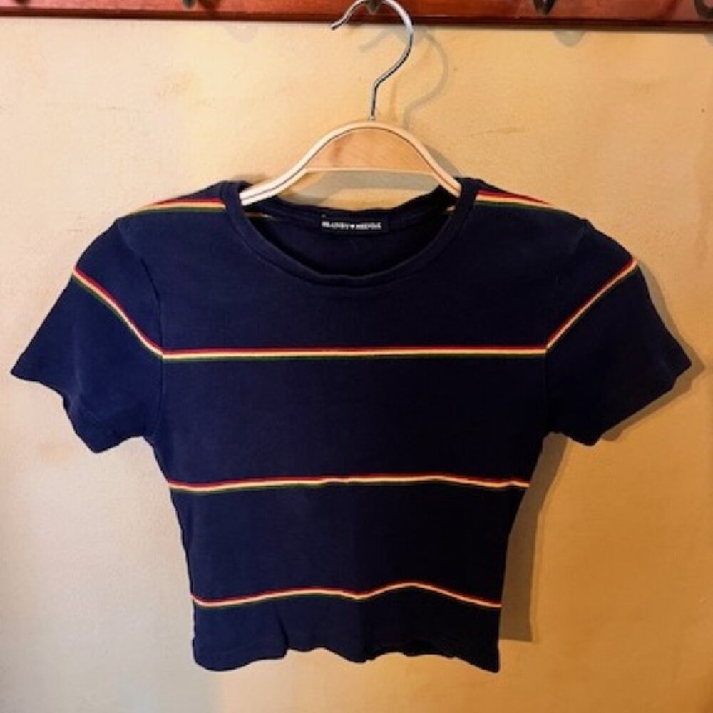 Brany Melville Blue Shirt with groupings of bright stripes Red, Yellow, Green